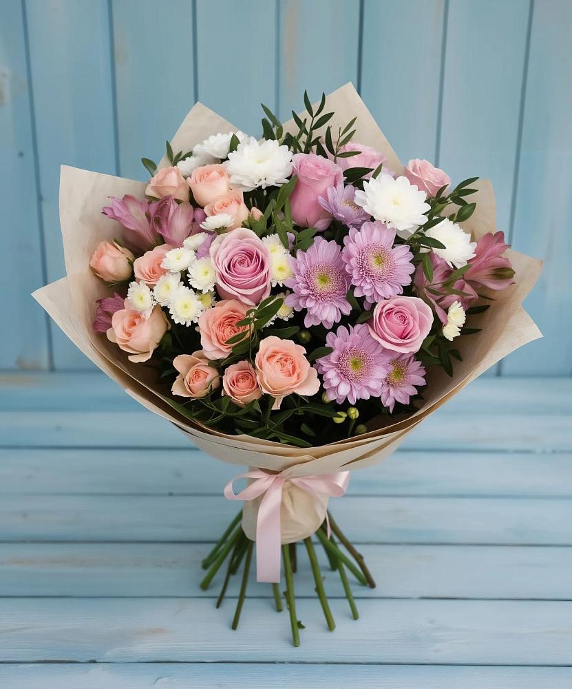 Букет цветов из: Хризантемы, Розы и Альстромерии в Панино