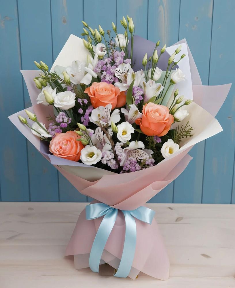 Букет цветов из: Лизиантусы, Розы, Альстромерии и Гипсофила в Панино