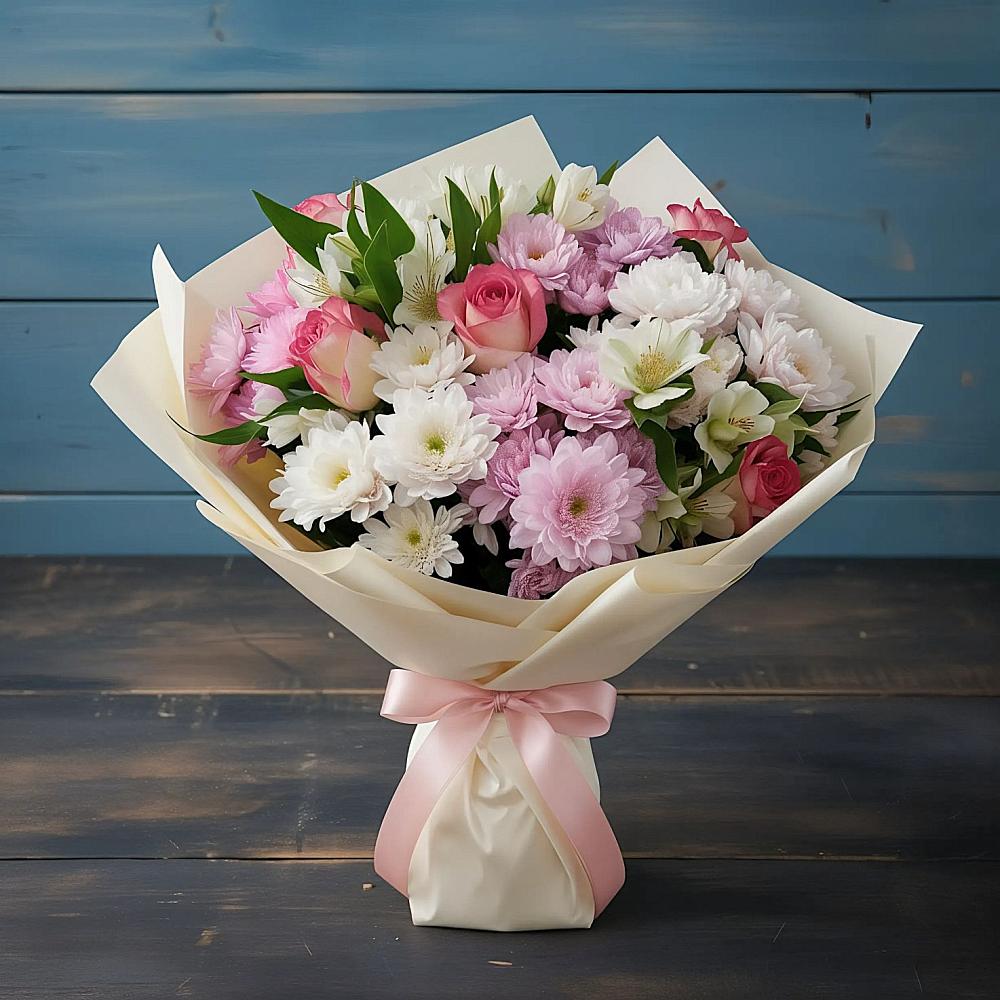 Букет цветов из: Хризантемы, Альстромерии и Розы в Панино